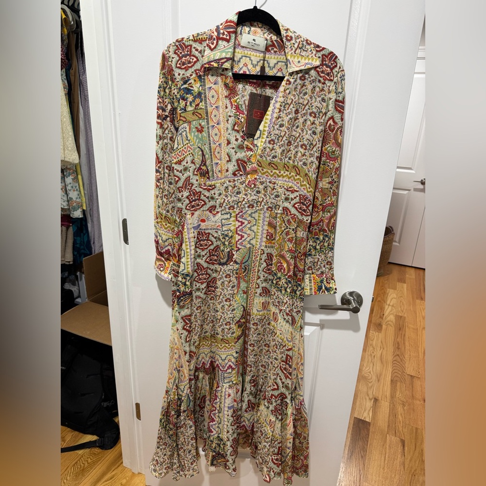 Etro Women's Beige Desert Dreams Plisse Midi Shirt Dress Size 42 IT/8 US